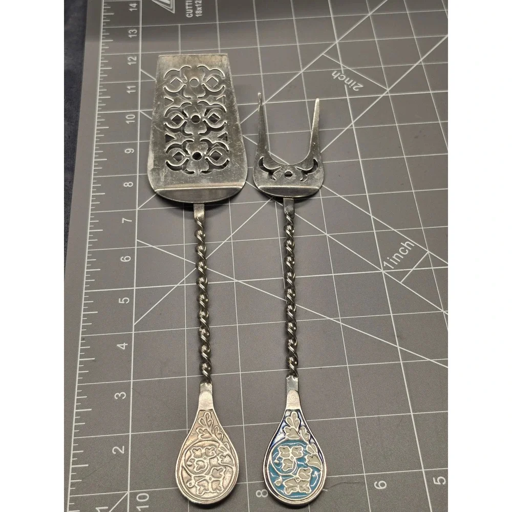 Vintage Mstera Yuvelir Serving Set Twisted Handle Enamel Floral Pie Server Fork